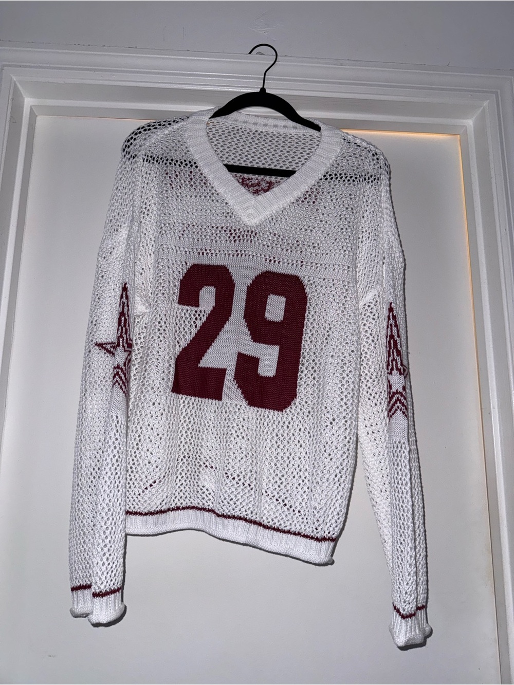 White Open-Knit V-Neck Sweater with Maroon '29'